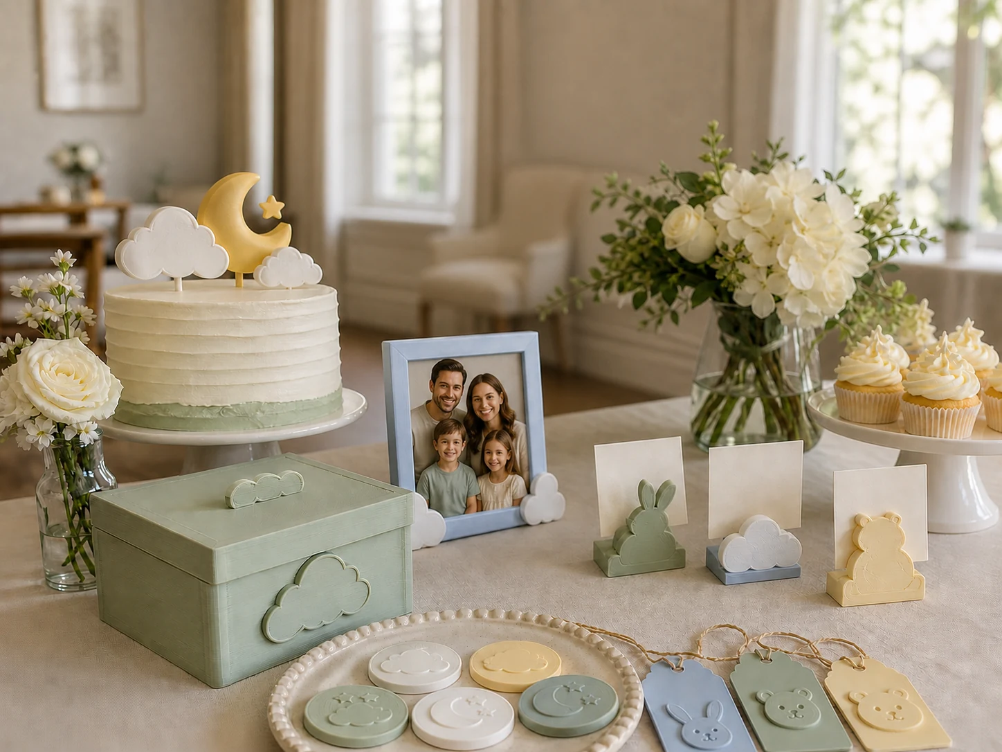 Pastel baby-shower visual example with a custom family-photo frame, keepsake box, place holders, tags, and cake details