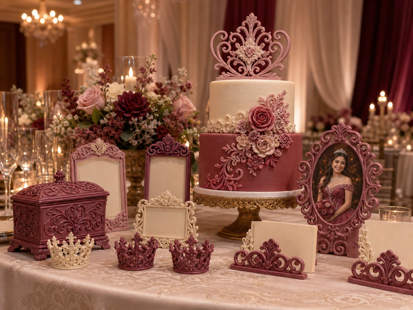 Rose, plum, ivory, and gold quinceañera visual example with crown favors, ornate photo frames, a keepsake box, place holders, and cake details