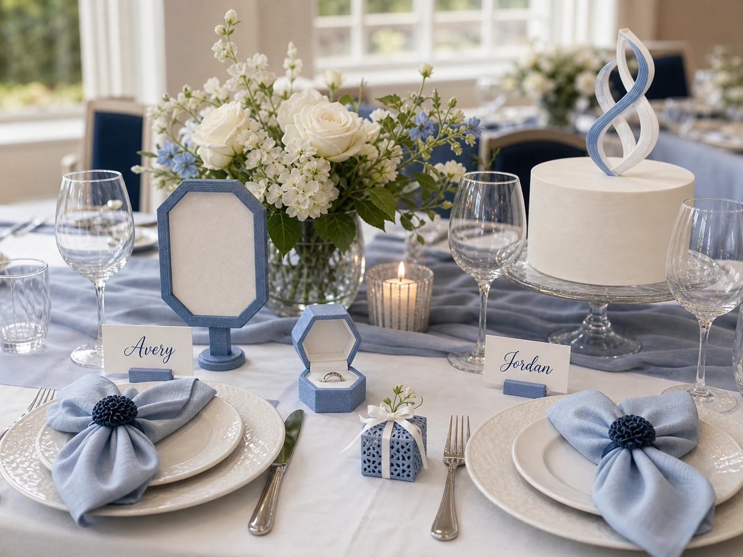 White-and-dusty-blue wedding visual example with name holders, a ring box, guest favor, napkin details, and cake topper