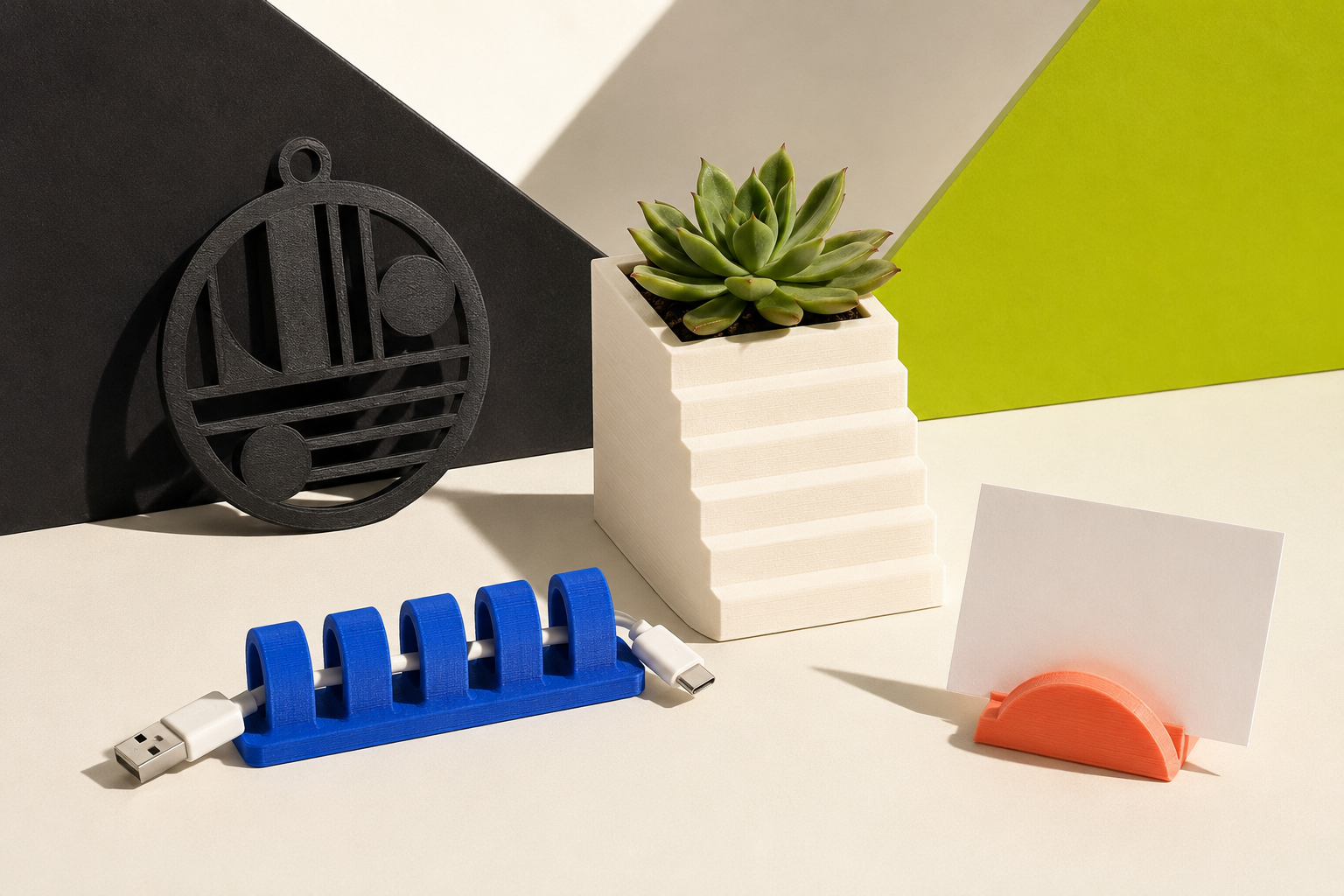 Black geometric round 3D-printed ornament